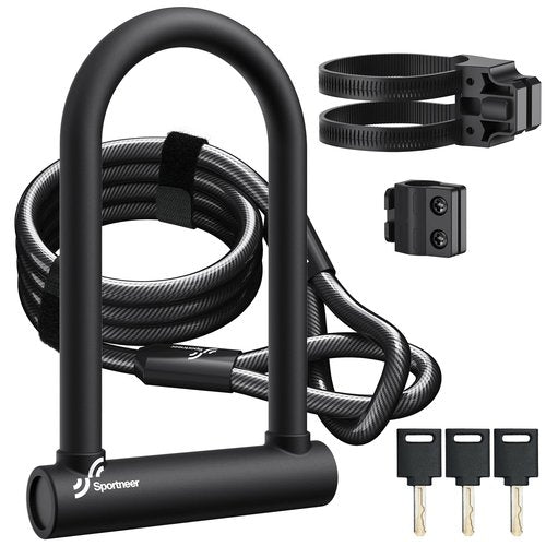 Sportneer Bike U Lock - 18mm Shackle Heavy Duty Bike Lock with 6ft Security Cable - Bicycle U-Locks with Sturdy Mounting Bracket for Road, Mountain, Electric and Folding Bike, Size 9.85''x6.3''