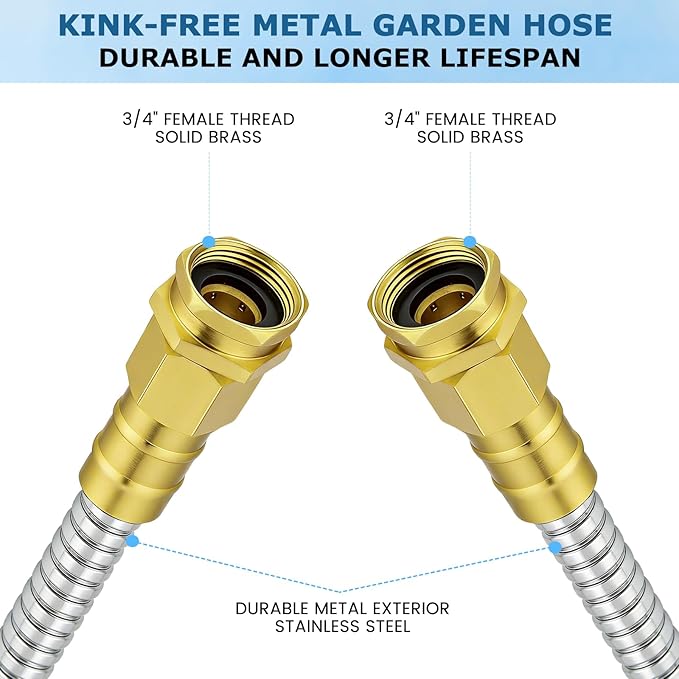 Short Stainless Steel Metal Garden Hose 3 ft, 3/4" Female to Female Solid Brass Connector, Small Leader Hose for Hose Reel, Durable, Flexible, Lightweight, Outdoor Water Hose Extension Adapter