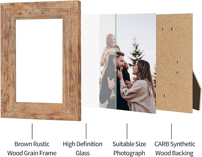 4x6 Picture Frame Set of 4, High Definition Real Glass 4 x 6 Photo Frames for Tabletop Display and Wall Mounting (Distressed White+Smoke Gray+Rustic Brown+Black)