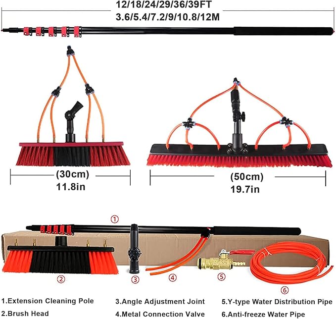 Window Cleaning Pole Cleaner Kit, 3.6M-12M Hose Pole Cleaning Brush Equipment Extendable Outdoor Cleaning Tools Photovoltaic and Solar Panels,55cmbrush-39FT/12M