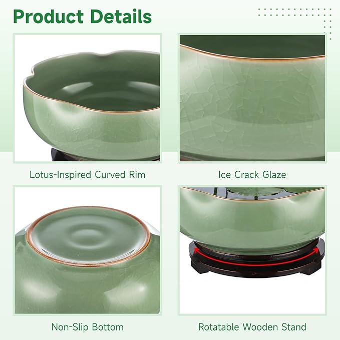 Ceramic Lotus Bowl Planter with Wood Tray, 7.8 in Green Water Lily Planter Pot, Hole Free Hydroponic Bowl, Ice Crack Glaze Flower Bowl for Lotus, Aquatic Plants, Bonsai, Desk Decor