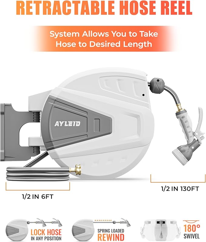 Ayleid Retractable Rubber Hybrid Garden Hose Reel, 1/2"x130ft Wall Mount | Anti-freeze, kink-free premium rubber hybrid hose, 24-month warranty, 9-pattern sprayer, any-length lock, slow auto-return.