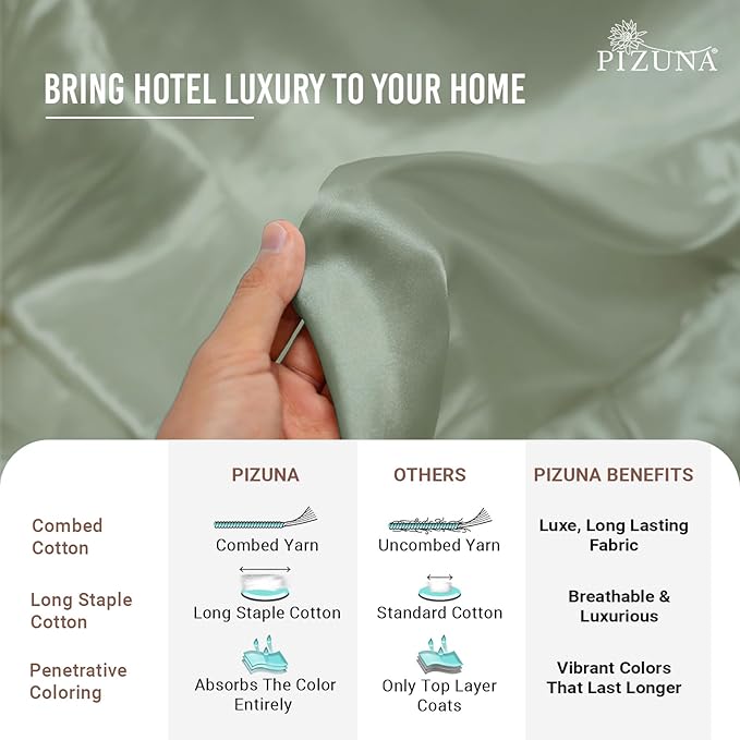 Pizuna 100% Cotton King 3 Pc Duvet Cover + 1 Pc Fitted Sheet Set 400 Thread Count Sea Foam Sateen Weave Luxurious Long Staple Cotton 4 Piece Bedding Set - 1 Duvet Cover, 2 Pillow Shams, 1 Fitted Sheet
