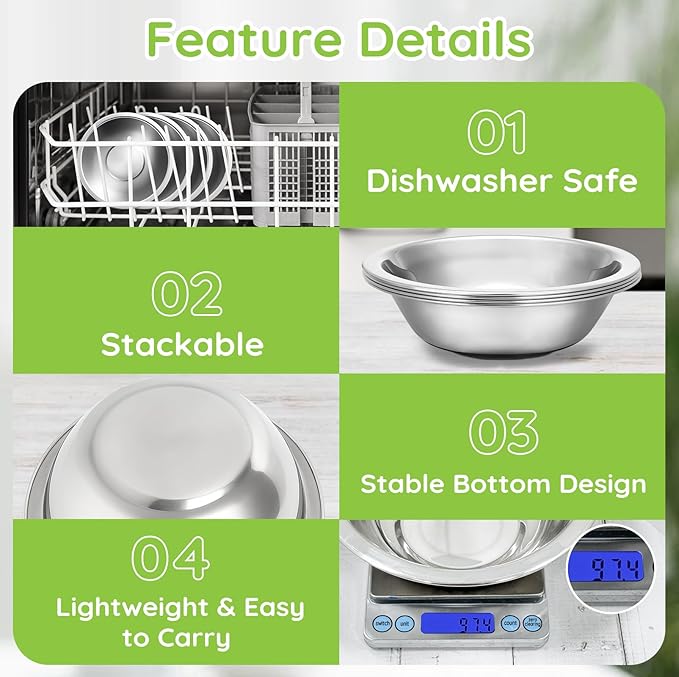 304(18/8) Stainless Steel Mixing Bowls for Kitchen, 4 Pack 7" 21.22 fl.oz Metal Mixing Bowls Set Stackable for Baking Serving Cooking Food Prep Storage Dishwasher Safe Lightweight