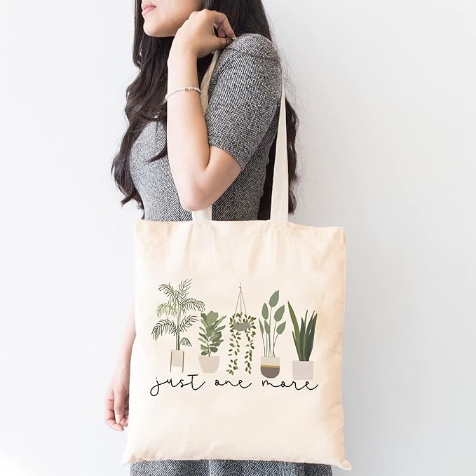 TSIIUO Women's Just One More Plant Canvas Tote Bag Funny Gardener Gift Plant Lover Reusable Shopping Canvas Bag