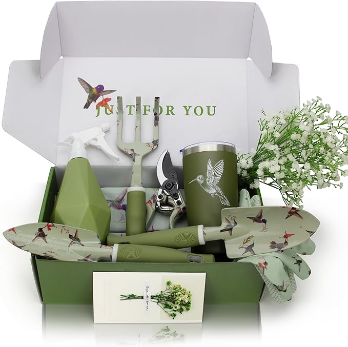 Garden Tool Set with Hummingbird Print, Heavy Duty Gardening Hand Tools with Garden Tool Bag,Gardening Gifts for Women&Men,Green