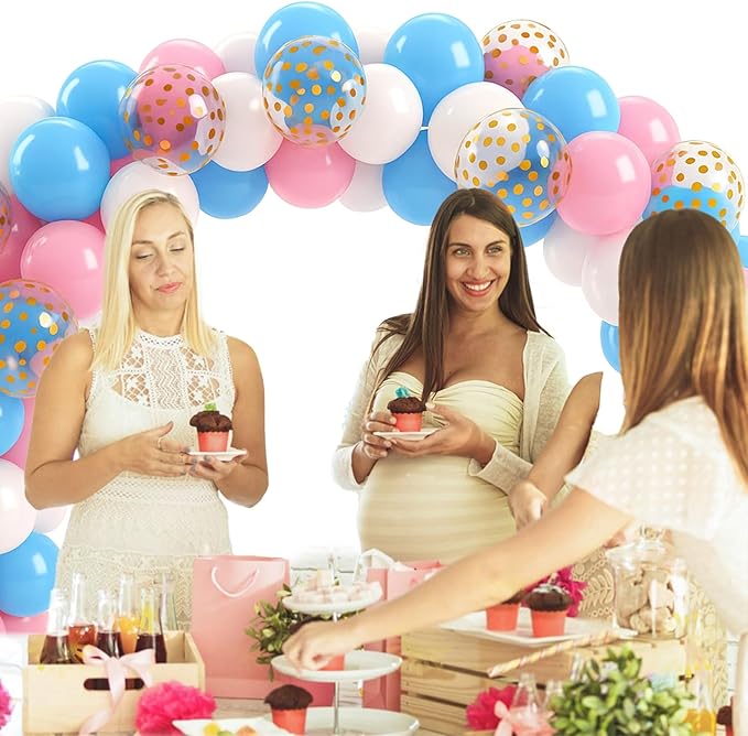 Patimate Gender Reveal Pink and Blue Balloons Set, 50 pcs 12 inch Pastel Blue Pink White Confetti Latex Balloons Kit for Gender Reveal Baby Shower Birthday Party Decorations