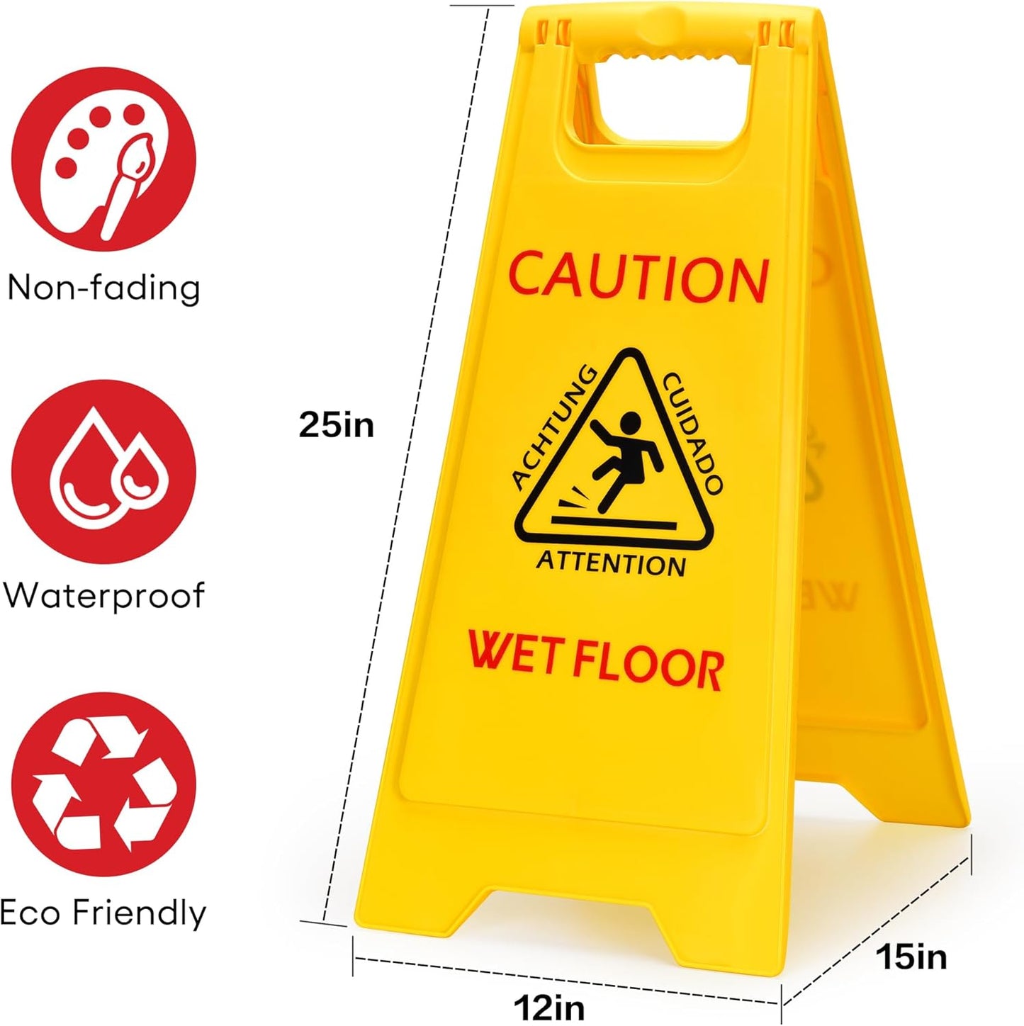MATTHEW CLEANING 25'' Industrial Wet Floor Sign 6 Pack 2-Sided Safety A-Frame Birght Yellow Multilingual Warning Signs Commercial Caution Wet Fold-out Floor Signs For Indoors and Outdoors
