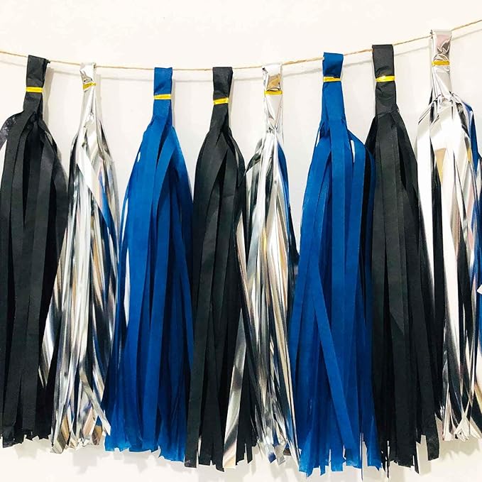 We Moment Black Navy Blue and Silvery Tissue Paper Tassels Party Tassel Garland Banner for Black Blue Party Decorations, DIY Kits,15PCS