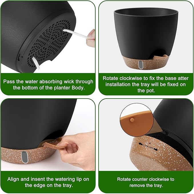 QRRICA Plant Pots 8/7/6.5/6/5.5/5 Inch Self Watering Pots, with Drainage Holes and Saucers,Water Level Indicator & Deep Reservoir,Large Plastic Planter for Indoor Out Door Plants (Black)