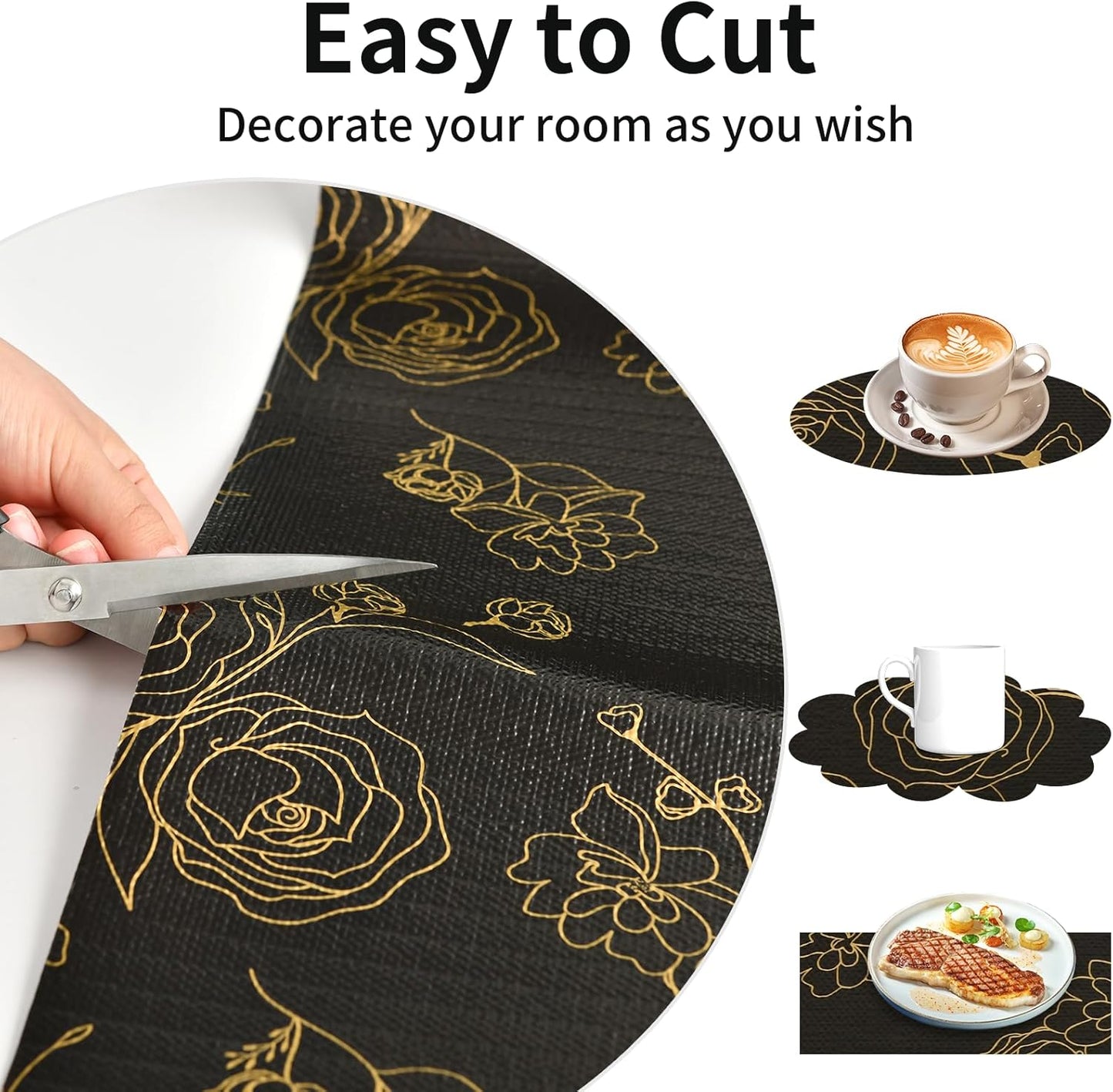 Shelf Liners for Kitchen Cabinets 12in x 30FT Non Adhesive Drawer Liner Black Floral Thickened Shelf Liner Paper Strong Non-Slip Easy to Clean for Tool Box Refrigerator with Knife and Tape Measure