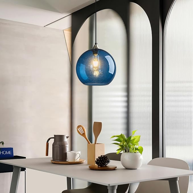Blue Glass Pendant Lights Kitchen Island Lighting Globe Pendant Light Fixtures Modern Pendant Lighting for Kitchen Island Bedroom Living Dining Room Light Fixture(9.84in, 3-Pack)