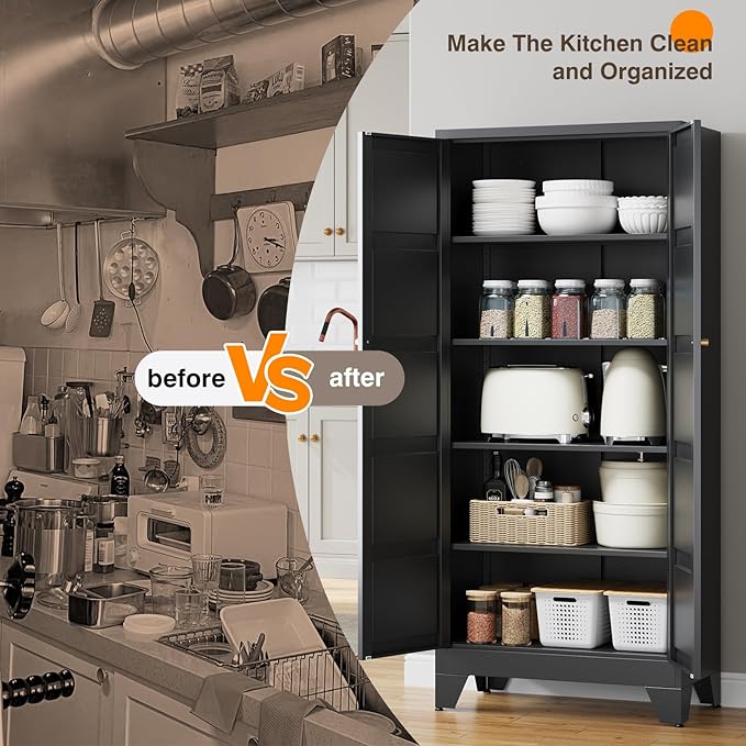 Yizosh Metal Pantry Cabinet,- 72" Black Kitchen Pantry Storage Cabinet with Doos and Adjustable Shelves for Kitchen, Living Room,Dining Room,Home