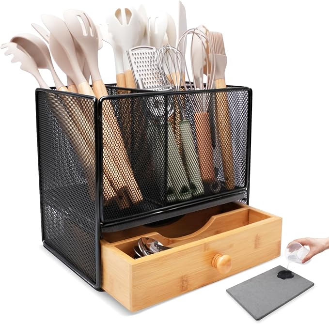 Kitchen Utensil Holder with Drawer, 2-In-1 Large Utensil Holder & Silverware Holder for Counter & Countertop, Kitchen Utensils Organizer for Cookware and Flatware, With Quick Dry Diatomite Pad
