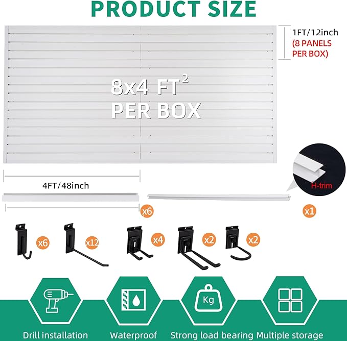 FRAYSCENT Slat Wall Paneling Garage Slat Wall Storage Systems Slatwall Panels Power Tool Organizer Wall Mount, PVC Garage Storage & Organization Products Slate Board (White, 4ft x 8ft with 26 Hooks)