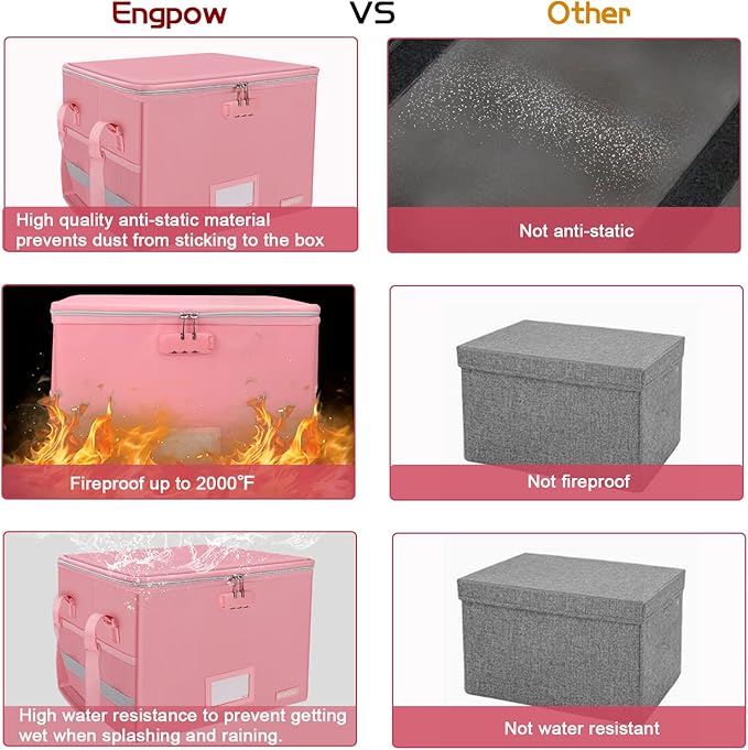 ENGPOW File Box with Lock, Fireproof Document Box with Zipper＆Pockets, Collapsible File Organizer Filing Storage Cabinet with Handle, Portable Home Office Safe for Hanging Letter/Legal Folder, Pink