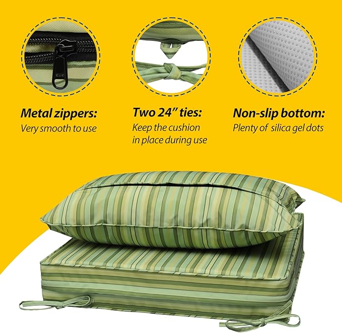 AAAAAcessories Outdoor Seat Cushions for Chairs, Fade-Resistant, Waterproof Patio Furniture Replacement Cushions, 22" x 24" x 5" + 22" x 19", Mossy Forest Stripe