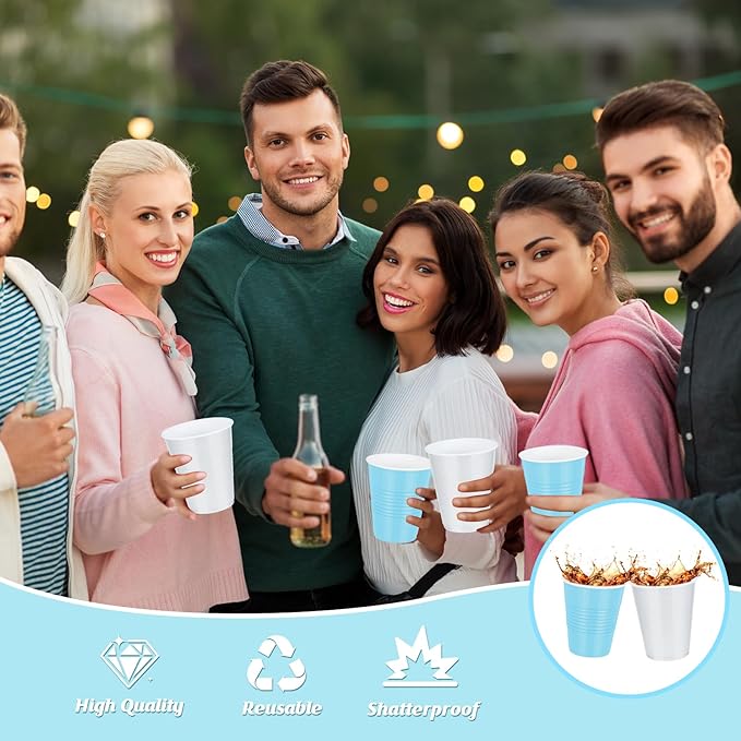 100 Pcs Blue and White Plastic Cups 12 oz, Bulk Light Blue Disposable Party Graduation Cups for Graduation Bachelorette Wedding Birthday Baby Shower Bridal Theme Party Supplies Decorations