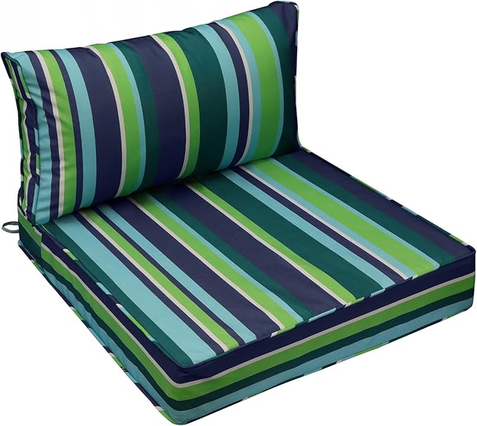 AAAAAcessories Outdoor Seat Cushions for Chairs, Fade-Resistant, Waterproof Patio Furniture Replacement Cushions, 25.5" x 25.5" x 5" + 25.5" x 13.5", Stormy Teal Coastal Stripe