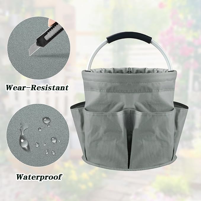 Garden Tool Bag with Pockets, 17L Large Waterproof Oxford Gardening Tote, Non-Slip Rubber Grip Handles, Durable Organizer for Garden Supplies (Gray)