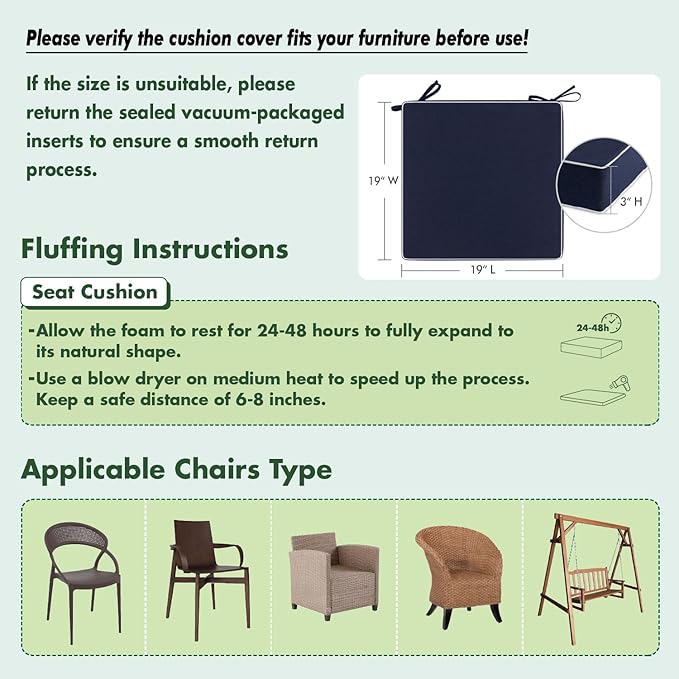 MIULEE Navy Outdoor Chair Cushions Set of 2, 19x19x3 Inch Waterproof Patio Seat Cushions for Outdoor Furniture Couch Sofa, 3 Year Color Fastness High Density Foam with Adjustable Ties