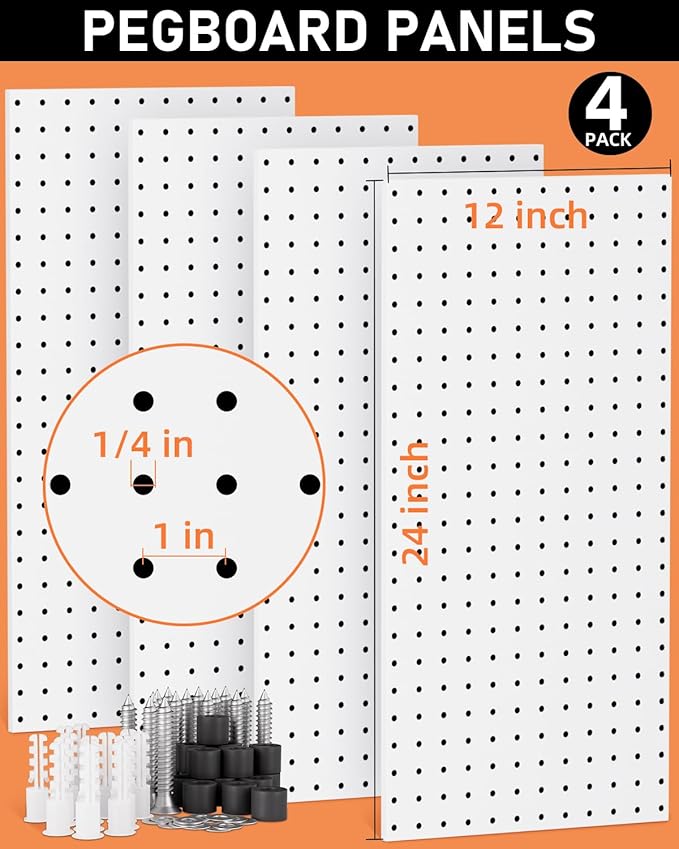 INCLY 158PCS Metal Pegboard Wall Organizer, 48x24 Inch White Pegboard Panels
