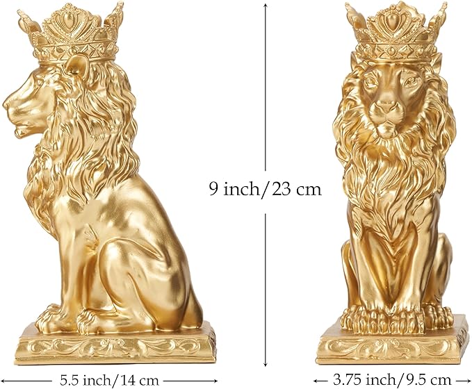 Lion Statue Decor 9 inch Resin, Gold Decor Accent Crown Lion Statue Man Home Office Desk Table Shelf Decoration, Men Father Leo Gift