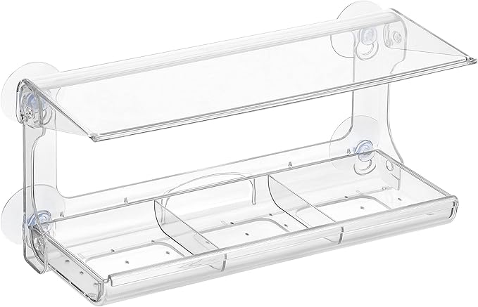D.F. Omer Window Bird Feeder with 3 Section Tray and Roof Cover, Weatherproof Outdoor Suction Cup Hanger Acrylic Plastic Bird Feeder , Clear