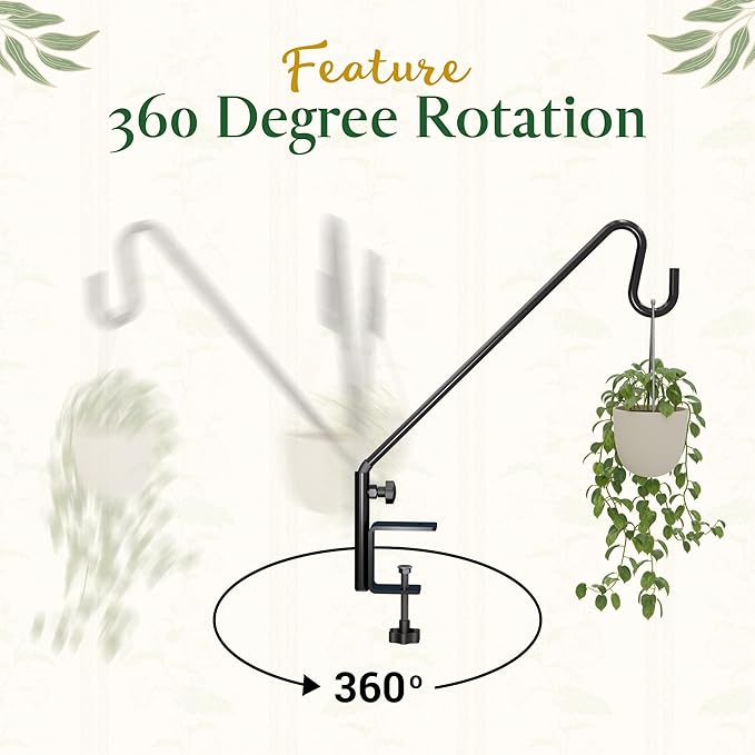 Idzo 18 Inch Railing Hook, Deck Hook for Bird Feeder Pole, Durable 3-Layer Powder Coated Steel, Shepherds Hooks for Outdoor, 360° Rotation, Sturdy Deck Railing Bracket for Hanging Decorations, 2 Packs