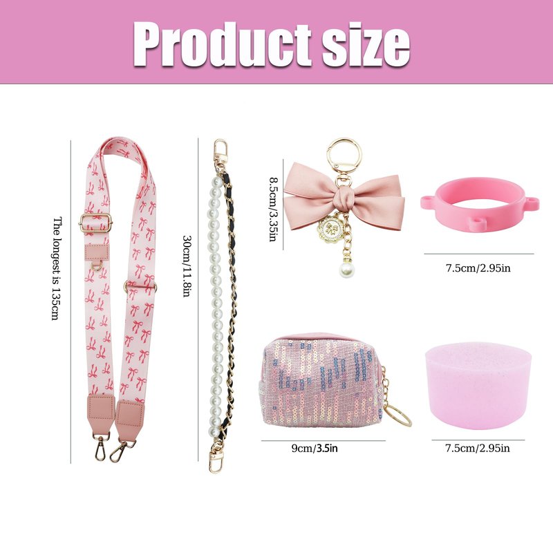 Removable Water Bottle Shoulder Strap Set for Stanley Cup 40/30/20 OZ，Including Pearl Water Handle Strap、Cup Holder Shoulder Strap、Bow keychain、Cup Ring、silicone boots、Sparkling packet（Bow pink）