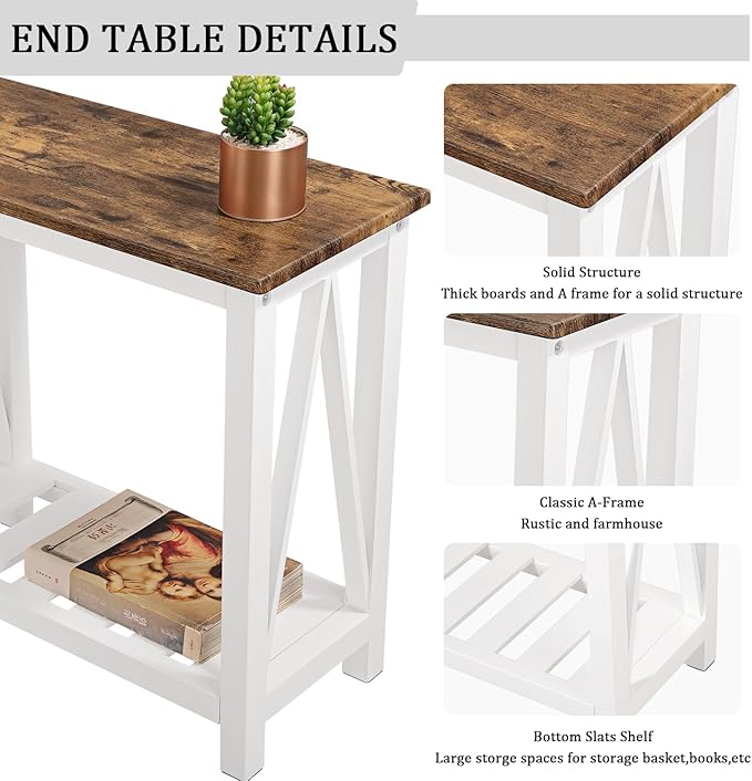 Narrow End Table Rectangular Side Tables for Small Spaces Wood Framed Night Stands Sofa Bedside Table for Living Room Brown Smooth Tabletop Industrial Accent Furniture for Bathroom Bedroom