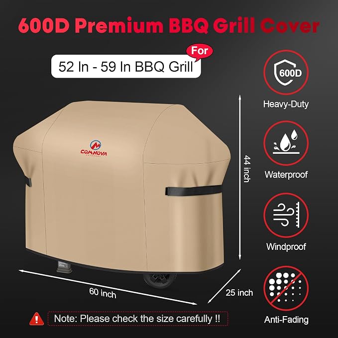 Comnova Grill Cover 60 Inch - 600D BBQ Cover for Outdoor Grill Waterproof and Heavy Duty, 60 Inch Barbecue Gas Grill Covers for Weber, Char-Broil, Nexgrill, Dyna-glo, Monument, Brinkmann and More