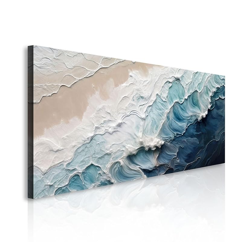 Tailored Canvases Crashing Coastal Waves Impasto Wall Art for Living Room, Abstract Seascape Canvas, Beach Paintings, Wave Artwork, Coastal Ocean Decor, Nautical Blue and White Accent Print 10x20