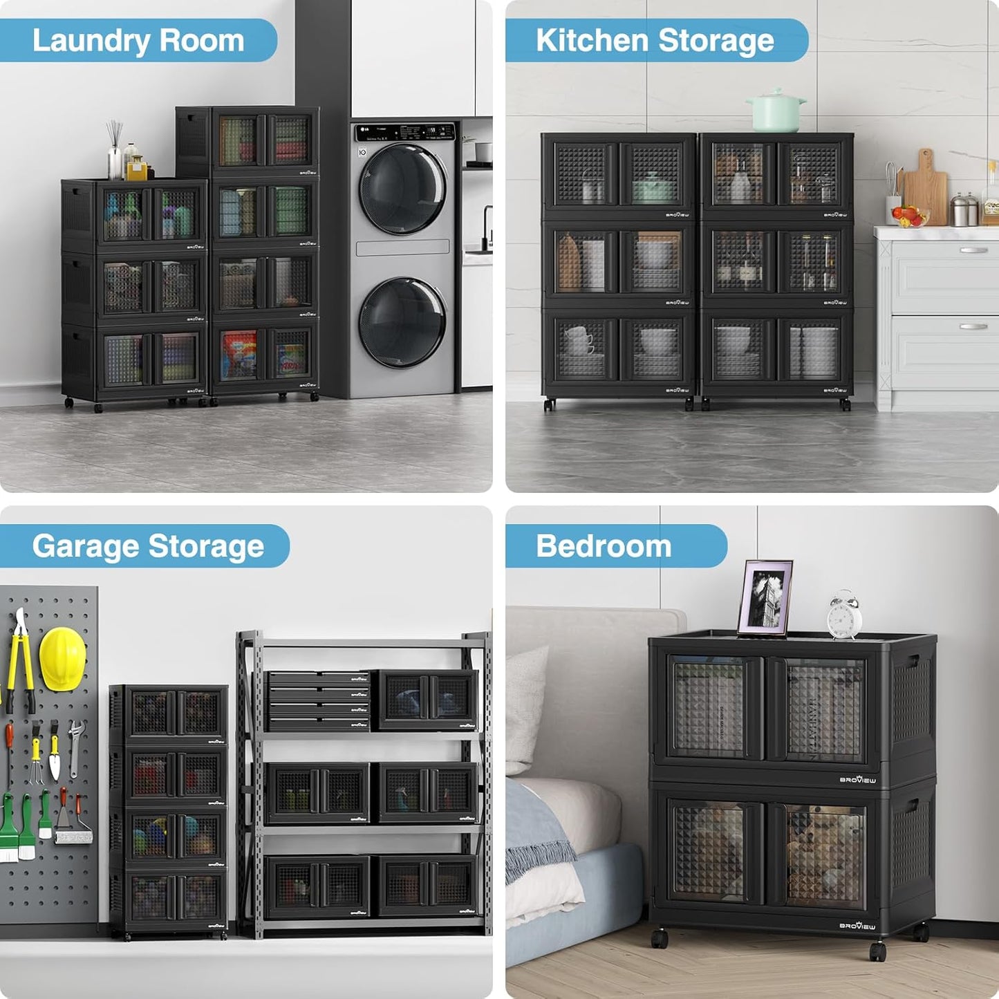 BROVIEW 120Gal Stackable Storage Bins with Lids & Wheels, 480Qt Plastic Collapsible Closet Organizer and Storage Drawers, Storage Boxes Cabinets for Home, Office, 6 Pack, Black