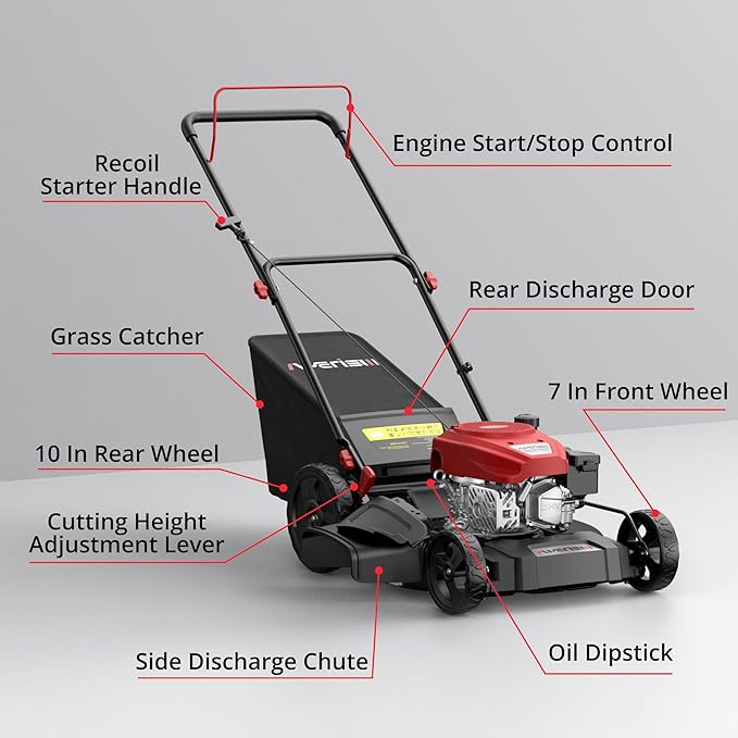 AMERISUN 21-Inch 3-in-1 Gas Push Lawn Mower with 144cc 4-Stroke OHV Engine, 6-Position Adjustable Cutting Height, Large 1.4 Bushel Grass Catcher, Side Discharge & Mulching, Lightweight Easy Storage