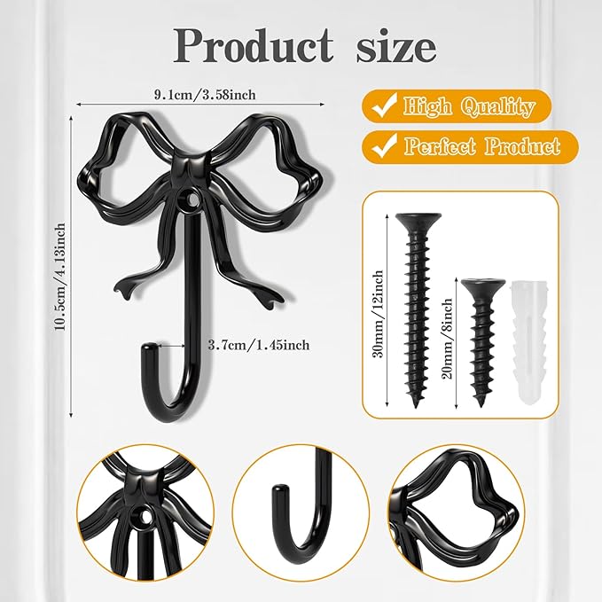 4 PCS Large Size Black Bow Wall Hook, Metal Hooks, Bow Room Decor Hooks