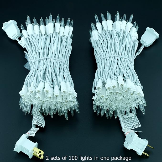 YULETIME 200 Clear Christmas Lights, Pack of 2 Sets 33 Feet 100 Count UL Certified Incandescent String Lights (Clear - White Wire)