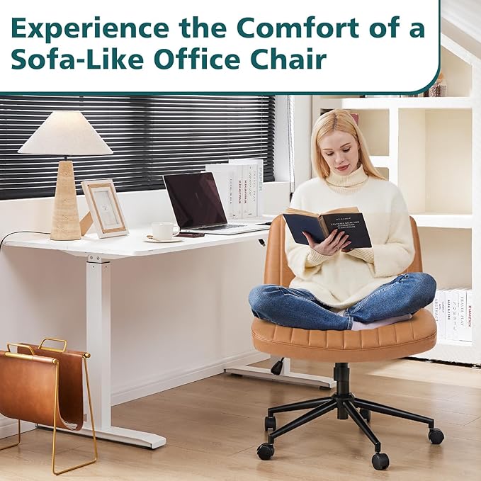 OLIXIS Criss Cross Chair with Wheels Wide Cross Legged Office Desk Vanity Chair Comfy Fabric Armless Adjustable Swivel for Home Computer Task PU Brown