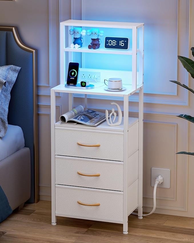 Furnulem Night Stand, White Bedside Nightstand with 4-Tier Shelves and 3 Fabric Drawers, LED Bed Side Tables with Charging Station, Tall Dresser for Bedroom, Hallway, Office