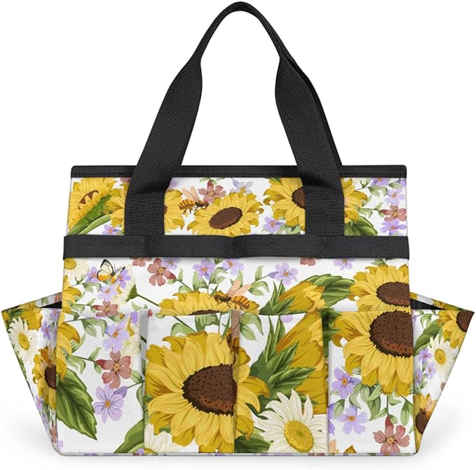 Garden Tote Bag with Pockets Sunflower Gardening Bags for Tools Organizer Heavy Duty Storage Bag with Handle for Lawn Yard Casual
