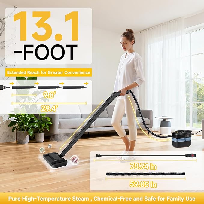 Steam Cleaner, 3-Level Adjustable Handle, 15s Heat-Up, 1500W Steamer for Cleaning, Rolling System, Portable Steamer for Cleaning with Mop & 17-Piece Kit for Home, Car, Grout, Tile, Couch, Kitchen