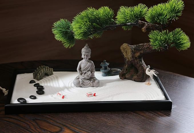 BangBangDa Japanese Zen Garden Kit for Desk - Meditation Rock Sand Garden for Birthday Gift Office Home Desktop Relaxation Decor Bamboo Rakes Bonsai Tree Pagoda Accessories Tools Kits