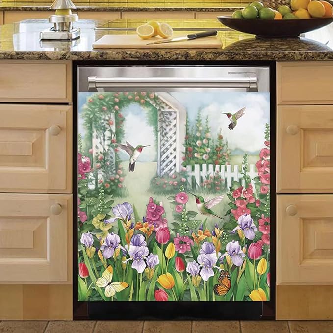 Garden Flower Cover Dishwasher Magnet Door Sticker,Spring Floral Refrigerator Magnetic Bird Fridge Decal Kitchen Decorative Vinyl Panel Home Appliance Magnets 23"x26"