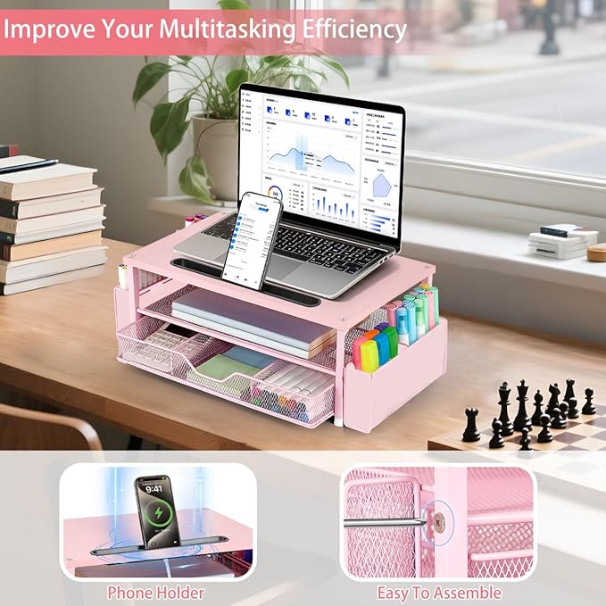 AUPSEN Pink Desk Organizers and Accessories, 2-Tier Wood Computer Monitor Stand with Drawer, Pen Storage & Phone Holder, Office Desk Accessories, Workspace Desktop Organization for Office Supplies