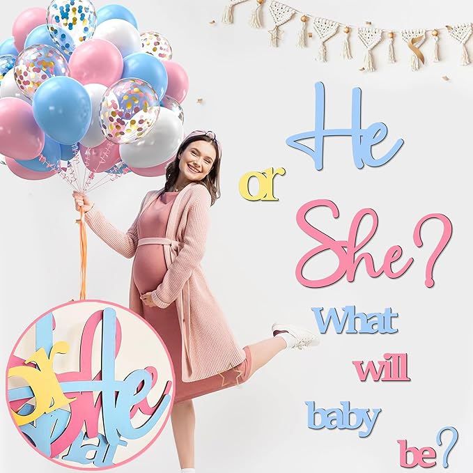 Large Wooden He or She Gender Reveal Sign Decals with 30 PCS Pink Blue Balloons 12 Inch Oh Baby Shower Sticker What Will Baby Be Backdrop Decoration Girl or Boy Sign for Pregnancy Backdrop Photo Props