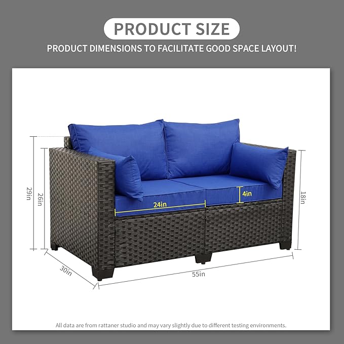 Rattaner Patio PE Wicker Sofa Outdoor Garden Love Seat Chair Couch Furniture Black Rattan with Blue Cushion