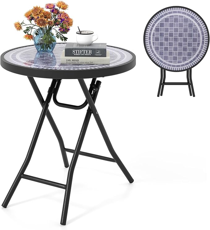 Giantex Folding Outdoor Side Table with Tempered Glass Tabletop & Metal Frame, Portable 18” Round End Table for Patio, Sofa Side, Yard, Porch, Poolside Living Room, Grey