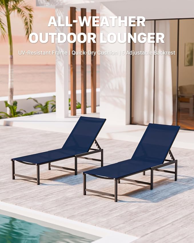 Patio Lounge Chair, Aluminum,5 Adjustable Backrest,1 PieceNavyBlue | Lightweight rustproof aluminum.5 adjustable backrest positions.Breathable quick-dry fabric.For poolside,beach,lawn,backyard.