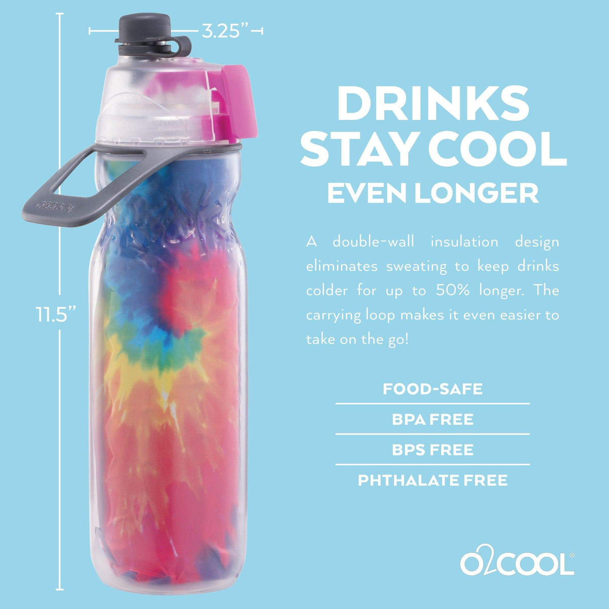 O2COOL ArcticSqueeze Insulated Mist 'N Sip Water Misting Bottle - Tie Dye, 20 Fluid Ounces, Plastic