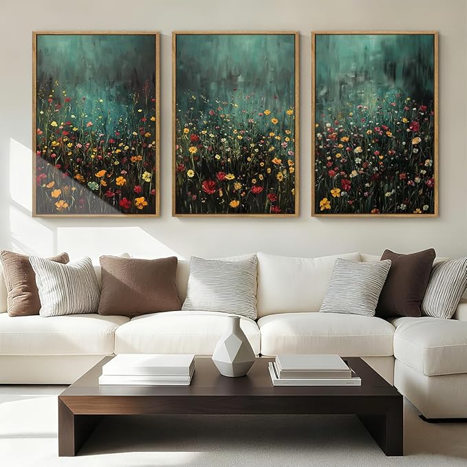 Anyzal Large Dark Moody Wildflowers Framed Wall Art 16x24 Inch Green Watercolor Floral Landscape Canvas Wall Decor Modern Botanical Prints for Living Room Bedroom Office Set of 3